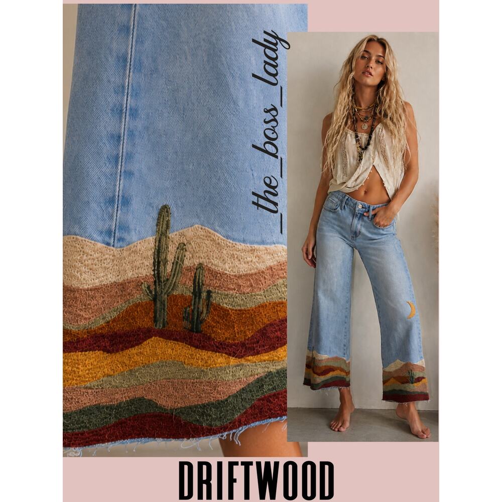 Driftwood x Free People jeans western embroidery flared crop ankle pants boho 24